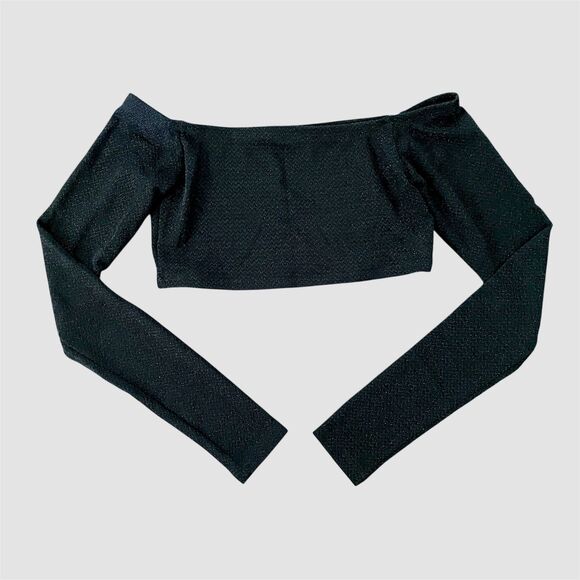 Tops - Early 2000's Whimsygoth Goth Grunge Black Glitter Off The Shoulder Crop Top M